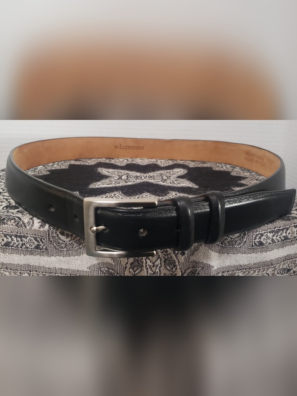 W Kleinberg Leather Mens Belt Black/Tan Silver Buckle USA size 34